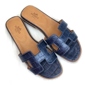 HERMES ORAN SANDALS KROKO DESENLİ %100 HAKİKİ DERİ LACİVERT